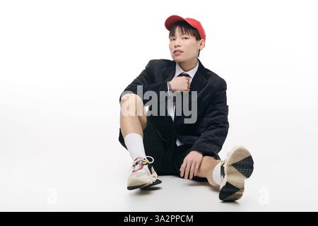 Giovane e attraente uomo asiatico siede con fiducia, mescolando stili formali e casual senza sforzo. Foto Stock