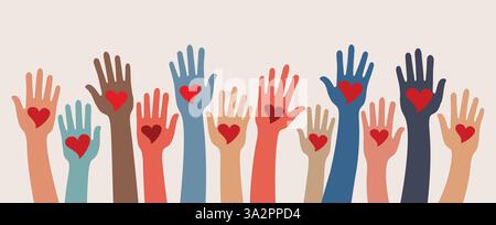 Gruppo di mani alzate di volontari multiculturali che hanno un cuore rosso. Concetto di sostegno o assistenza volontaria Illustrazione Vettoriale