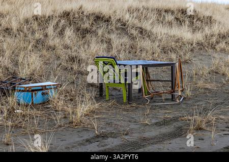 Treasure Chest e tavolo e sedie da campeggio nell'Ocean City State Park, Washington State, USA Foto Stock