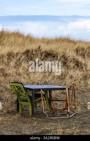 Tavolo e sedie da campeggio abbandonati nell'Ocean City State Park, Washington State, Stati Uniti Foto Stock