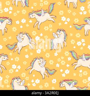 Unicorno arcobaleno. Disegno a mano senza cuciture. Unicorno a cavallo tra fiori rosa su sfondo giallo. Illustrazione brillante con colori chiari per il design Illustrazione Vettoriale