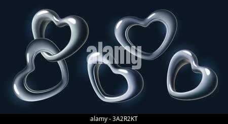 Elementi vettoriali cromati 3d Hearts Collection abstract Steel metal y2k Shapes Illustrazione Vettoriale