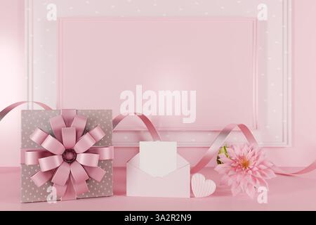 Un regalo a tema rosa con un nastro, una busta e un fiore, perfetto per i festeggiamenti di San Valentino. rendering 3d. Foto Stock