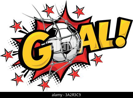 Icona fumettistica di calcio Goal football. Sfera nella rete di gate e bolla di testo esplosiva. Modello adesivo vettoriale su sfondo trasparente Illustrazione Vettoriale