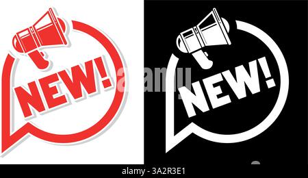 Novità! Fumetto di parole. Saldi, promozioni, sconti, elementi di scrittura all'arrivo con megafono. Vettore su sfondo trasparente e scuro Illustrazione Vettoriale