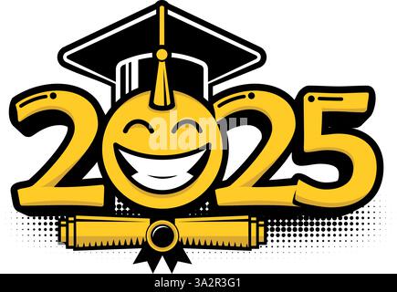 Classe di laurea 2025. Sorriso emoticon in berretto graduato. Modello per il saluto, la festa di laurea del biglietto d'invito. Vettore su sfondo trasparente Illustrazione Vettoriale