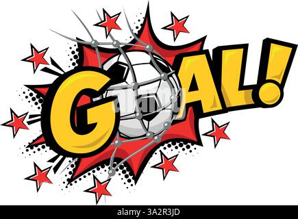 Icona fumettistica di calcio Goal football. Bolla di testo con sfera e esplosione. Modello adesivo vettoriale su sfondo trasparente Illustrazione Vettoriale