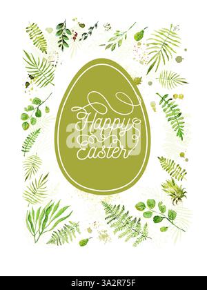 Pasqua con foglie di verde acquerello. disegnato a mano. Non ai, illustrazione vettoriale Illustrazione Vettoriale