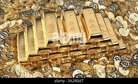 Bitcoin e Gold Bars. Foto Stock