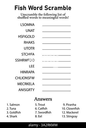 Fish Word Scramble and Puzzle, Animals Leisure, Hobby and Fun Educational Game per bambini, ragazzi e adulti Illustrazione Vettoriale
