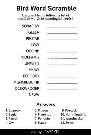 Birds Word Scramble and Puzzle, Animals Leisure, Hobby and Fun Educational Game per bambini, ragazzi e adulti Illustrazione Vettoriale
