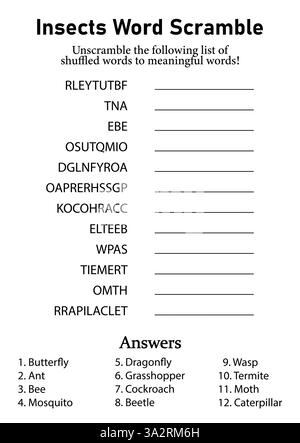 Insects Word Scramble and Puzzle, Animals Leisure, Hobby and Fun Educational Game per bambini, ragazzi e adulti Illustrazione Vettoriale