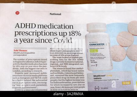 "ADHD farmaci prescrizioni in aumento del 18% un anno da Covid" Guardian giornale headline salute mentale articolo 11 marzo 2025 Londra Regno Unito Foto Stock