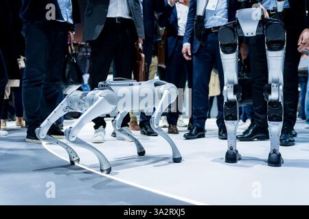 Un cane robot che cammina e gioca intorno alle persone in una fiera tecnologica. Concetto di innovazione ingegneristica robotica e intelligenza artificiale ai Foto Stock
