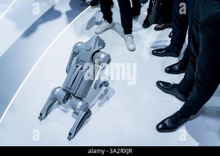 Un cane robot che cammina e gioca intorno alle persone in una fiera tecnologica. Concetto di innovazione ingegneristica robotica e intelligenza artificiale ai Foto Stock