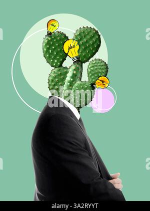 Collage artistico creativo. Uomo con lampadine e cactus al posto della testa su sfondo colorato. Poster concettuale sull'idea e l'ispirazione Foto Stock