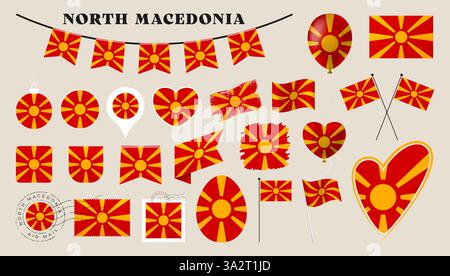 set bandiera della macedonia del nord. Collezione di varie bandiere nazionali con forme diverse come cuore, scudo, uovo di pasqua, posizione, cerchio, timbro postale, grunge, s. Illustrazione Vettoriale