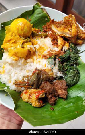 Cibo indonesiano Nasi Padang con manzo Rendang, uovo al curry, pollo fritto, Jackfruit Curry, foglie di manioca su riso semplice servito su una foglia di banana. Foto Stock