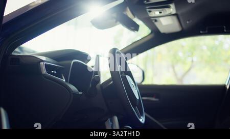 Primo piano dell'abitacolo del cambio, del quadro di comando della trasmissione e dei pulsanti che attivano diverse funzioni del veicolo. Panoramica dei pulsanti di comando del cambio automatico del veicolo Foto Stock
