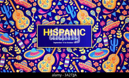 Banner Web colorato del tradizionale Festival ispanico in stile Alebrije con chitarra disegnata a mano, Maracas, simboli nazionali Sombrero. Festivo Illustrazione Vettoriale