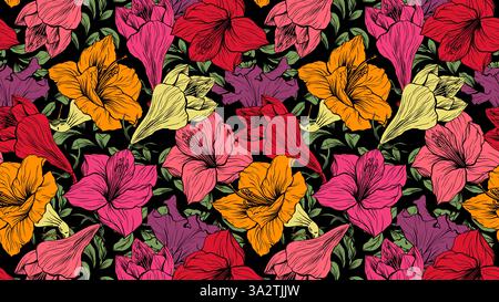 Sfondo senza cuciture vettoriale dei grandi fiori Design floreale per tessuto tessile o carta da parati, elegante stampa artistica Amaryllis Botanical Line in brillante Illustrazione Vettoriale