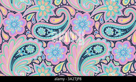 Motivo senza cuciture Paisley Vector con motivo floreale rosa. Intricata sofisticata e stravagante illustrazione astratta colorata su sfondo scuro alla moda del tramonto futuro Illustrazione Vettoriale