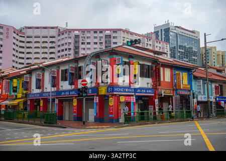 Edifici commerciali storici su Serangoon Road a Kerbau Road a Little India, quartiere di Rochor nell'area centrale di Singapore. Foto Stock