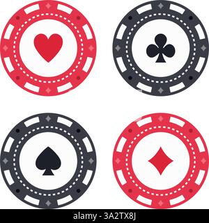 Gettoni da poker rotondo con carte diverse, set vettoriale di quattro articoli da casinò per giocare d'azzardo Illustrazione Vettoriale