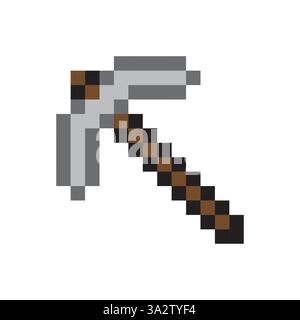 Icona piccone pixel. Simbolo dello strumento minerario. Impugnatura grigia marrone. Illustrazione vettoriale. Illustrazione Vettoriale