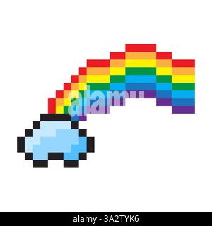 Arcobaleno nuvola pixel. Stile di gioco retrò. Illustrazione vettoriale colorata. Design d'arte digitale. Illustrazione Vettoriale