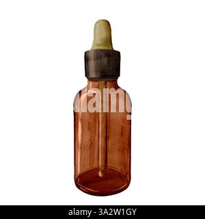 Si tratta di un flacone contagocce in vetro trasparente che funziona perfettamente per la conservazione di oli essenziali e vari liquidi. Oggetto acquerello isolato su sfondo bianco. Foto Stock