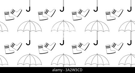 Motivo divertente e divertente con ombrelli e galosci su sfondo bianco Illustrazione Vettoriale