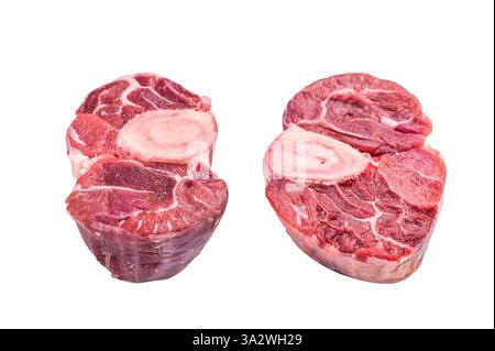 Ossobuco crudo fresco codolo di vitello Premium, ideale per cucinare lentamente e creare pasti sostanziosi e confortanti che impressionano. isolato su sfondo bianco. inizio vi Foto Stock