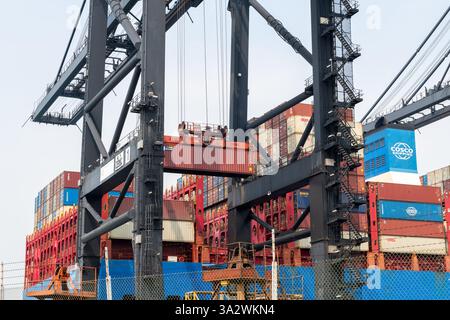 Hong Kong. Cina- 02.18.2025. Vista a terra delle gru portuali che caricano container su un'enorme nave da trasporto container Cosco nel porto di Hong Ko Foto Stock