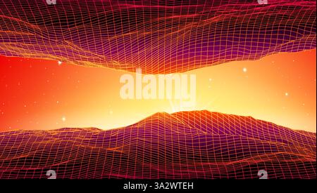 Paesaggio rétro a griglia di polietilene bassa con montagne poligonali, profili di palme e sole, illustrazione vettoriale. paesaggio sintonico in stile anni '80 con neon Illustrazione Vettoriale