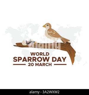 Giornata mondiale dei passeri, tenutasi il 20 marzo. Illustrazione vettoriale della data dei passeri. Carino passero per il giorno del passero. Giornata mondiale dei passeri. Illustrazione Vettoriale