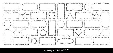 Set di forme rettangolari frastagliate. Contorno cornici grunge nere. Fascio di elementi astratti testurizzati per collage, casella di testo, banner, adesivi. Vettore Illustrazione Vettoriale