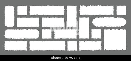 Set di rettangolo frastagliato. Carta strappata per adesivi o collage. Elementi del bordo ondulati a zig zag isolati su sfondo grigio. Illustrazione vettoriale in Illustrazione Vettoriale
