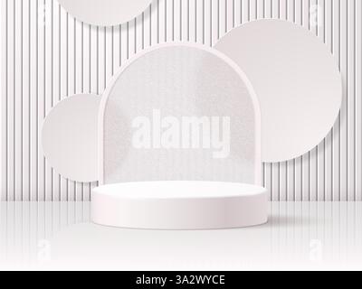 Podio rotondo o piattaforma sullo sfondo di un arco traslucido con forme geometriche e ombre. Illustrazione vettoriale 3D. Illustrazione Vettoriale