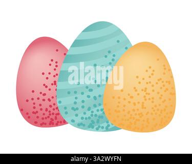 Tre grandi uova di Pasqua colorate in vista ravvicinata con texture decorativa. Design per le festività natalizie. Festeggiamenti di Pasqua e vacanze primaverili. Illustrazione Vettoriale