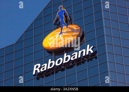 Logo Rabobank all'ingresso della sede centrale. Foto Stock