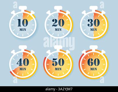 Da 10 minuti a 60 minuti su set di icone del cronometro in stile piatto. Illustrazione vettoriale del timer del quadrante dell'orologio su sfondo isolato. Conto alla rovescia Illustrazione Vettoriale