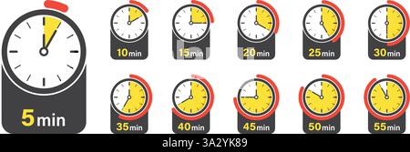 Da 5 minuti a 55 minuti con una collezione di icone del cronometro in stile piatto. Illustrazione vettoriale del timer del quadrante dell'orologio su sfondo isolato. Conto alla rovescia si Illustrazione Vettoriale