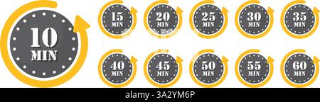 Da 10 minuti a 60 minuti su set di icone del cronometro in stile piatto. Illustrazione vettoriale del timer del quadrante dell'orologio su sfondo isolato. Conto alla rovescia Illustrazione Vettoriale