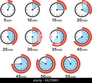Da 5 minuti a 55 minuti con una collezione di icone del cronometro in stile piatto. Illustrazione vettoriale del timer del quadrante dell'orologio su sfondo isolato. Conto alla rovescia si Illustrazione Vettoriale