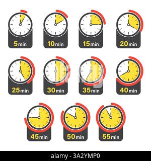 Da 5 minuti a 55 minuti con una collezione di icone del cronometro in stile piatto. Illustrazione vettoriale del timer del quadrante dell'orologio su sfondo isolato. Conto alla rovescia si Illustrazione Vettoriale