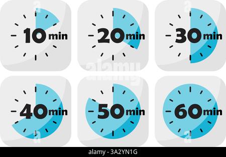 Da 10 minuti a 60 minuti su set di icone del cronometro in stile piatto. Illustrazione vettoriale del timer del quadrante dell'orologio su sfondo isolato. Conto alla rovescia Illustrazione Vettoriale