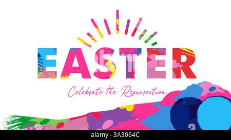 Pasqua, tipografia a pennello grunge colorato con tomba aperta. Scritta di Pasqua creativa per sermone in chiesa la domenica mattina con grotta vuota Illustrazione Vettoriale