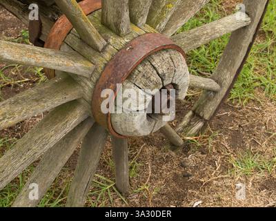 Ruota di legno di vecchio carro incastrato nello sporco in Australia meridionale, Australia. Foto Stock