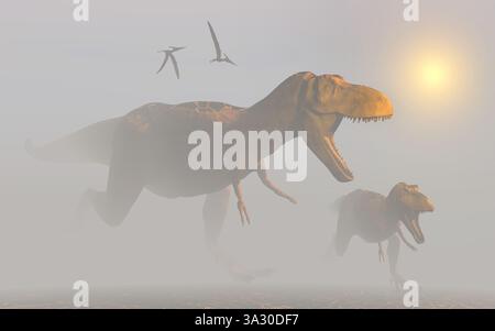I dinosauri T Rex attraversano Un paesaggio nebbioso del Cretaceo Foto Stock
